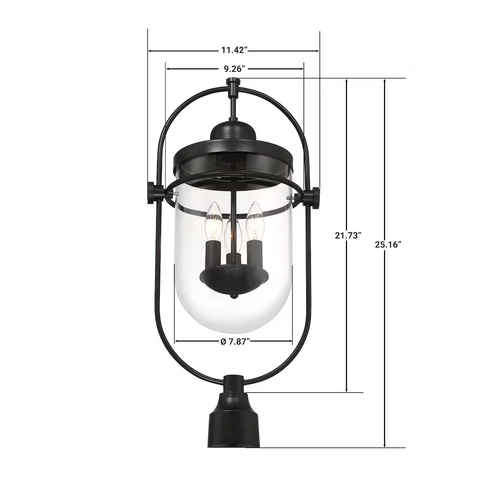 Lowell 3-Light 10"H Outdoor Post Mount Lantern Light, Black Metal & Clear Glass - Image 8