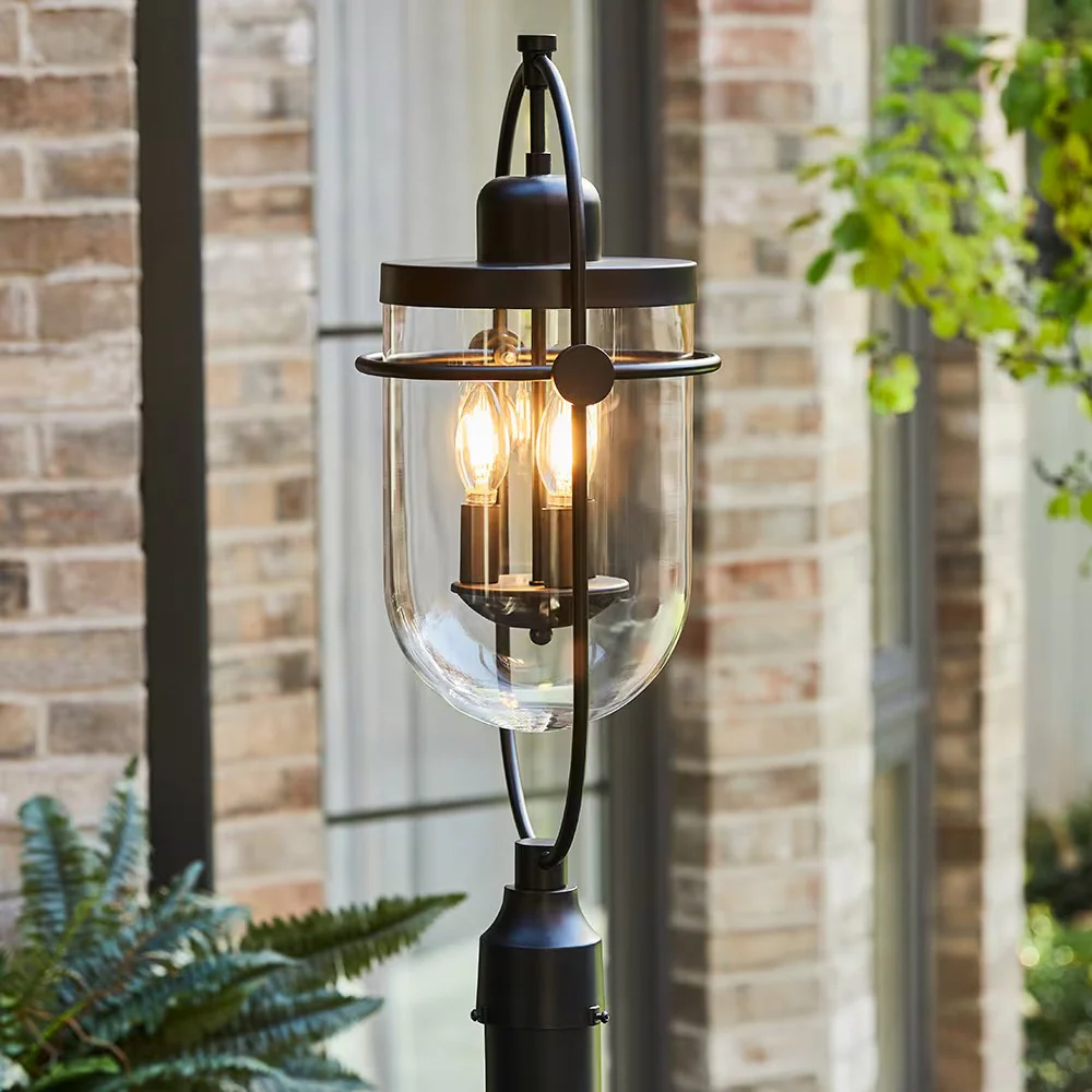 Lowell 3-Light 10"H Outdoor Post Mount Lantern Light, Black Metal & Clear Glass - Image 9